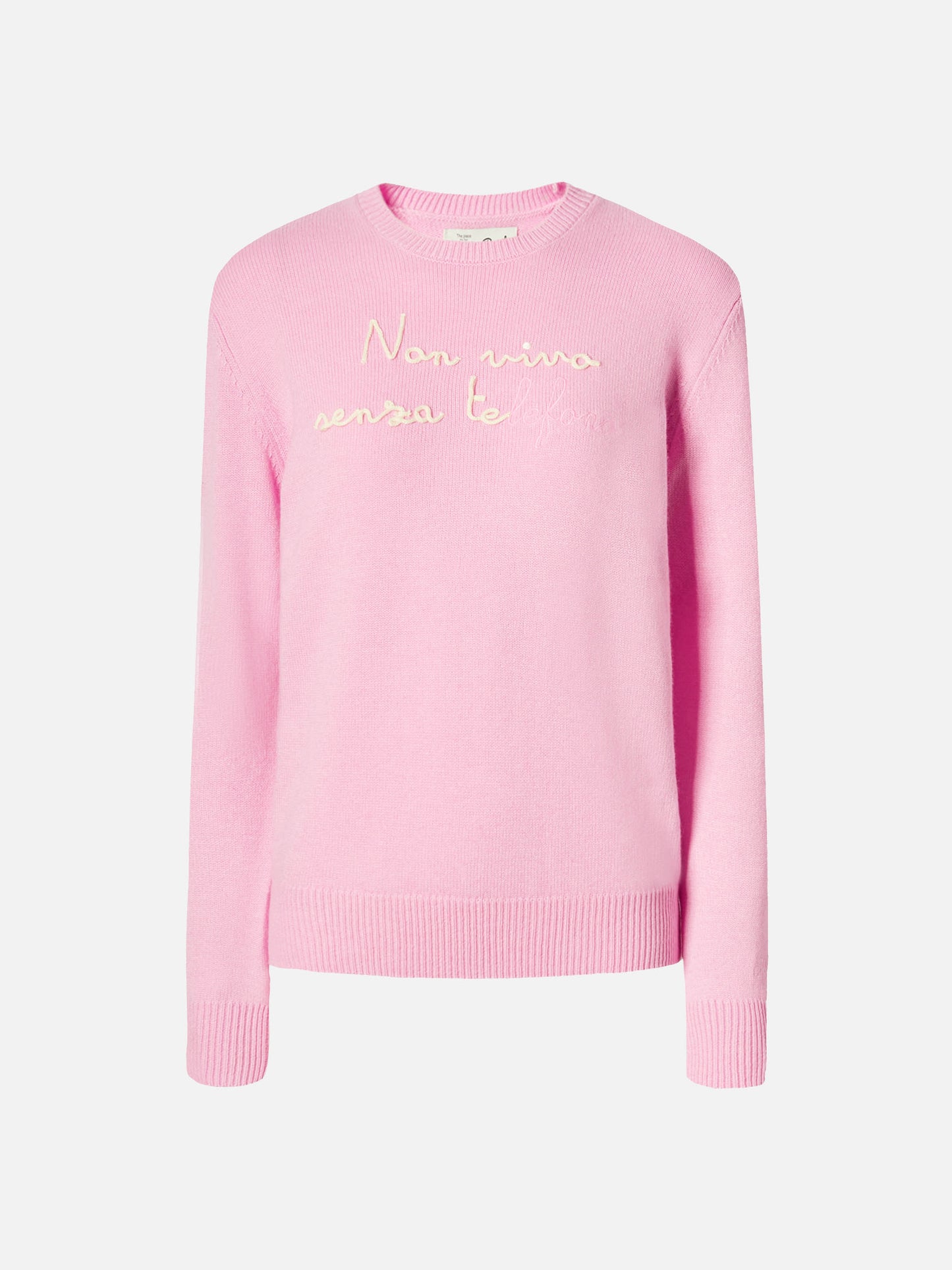 New Queen-Pullover aus Kaschmirmischung in Rosa mit „Non vivo senza te(lefono)“-Stickerei