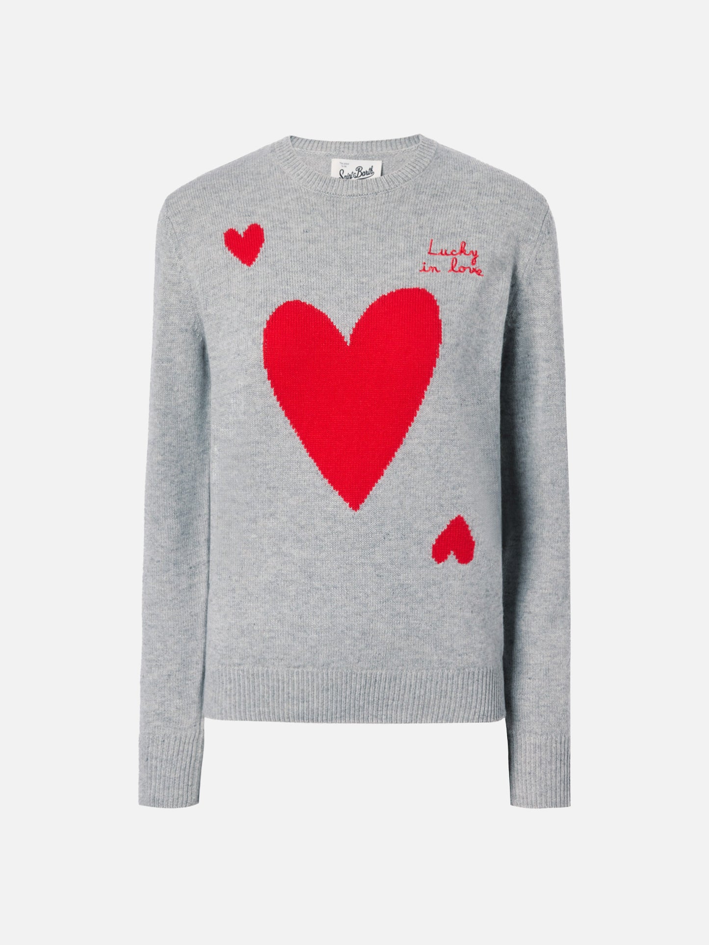 Neuer grauer Queen-Pullover aus Kaschmirmischung mit „Lucky in love“-Stickerei