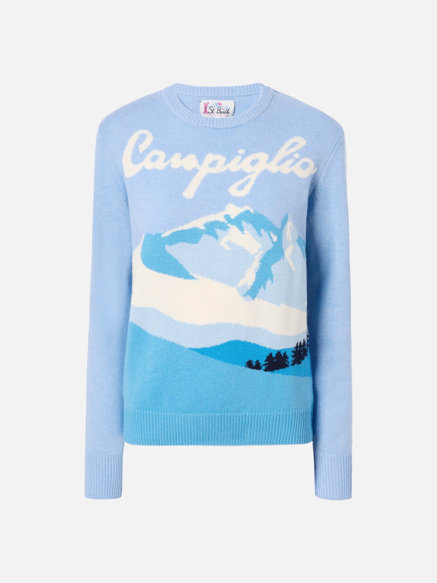 New Queen cashmere-blend sweater in light blue with Campiglio postcard jacquard