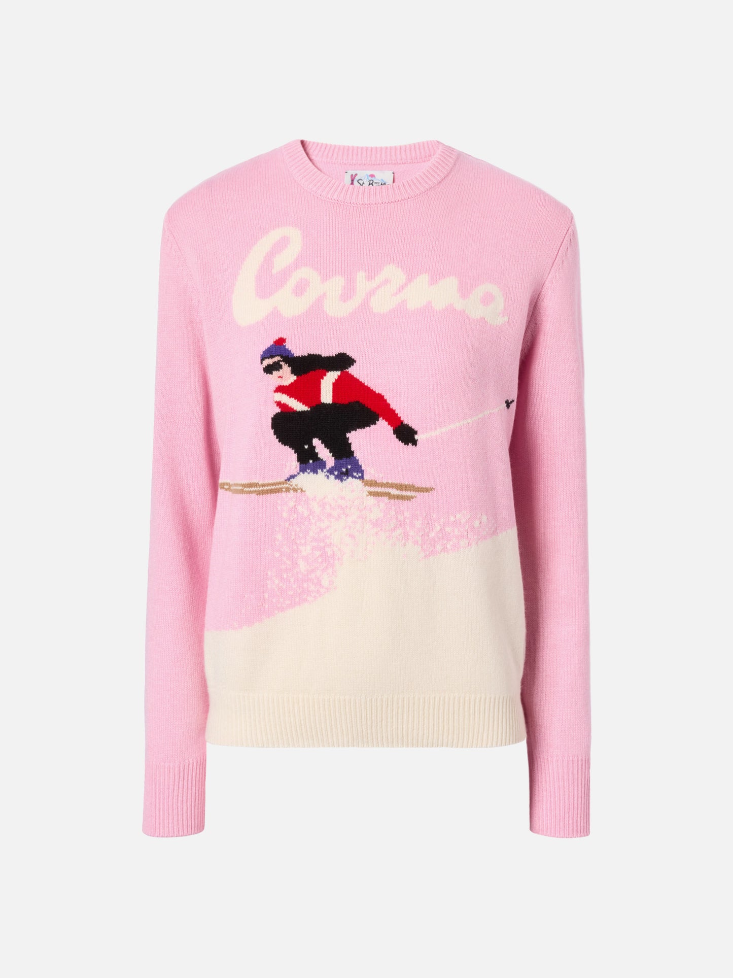 Maglione New Queen in misto cashmere rosa con jacquard cartolina Courma