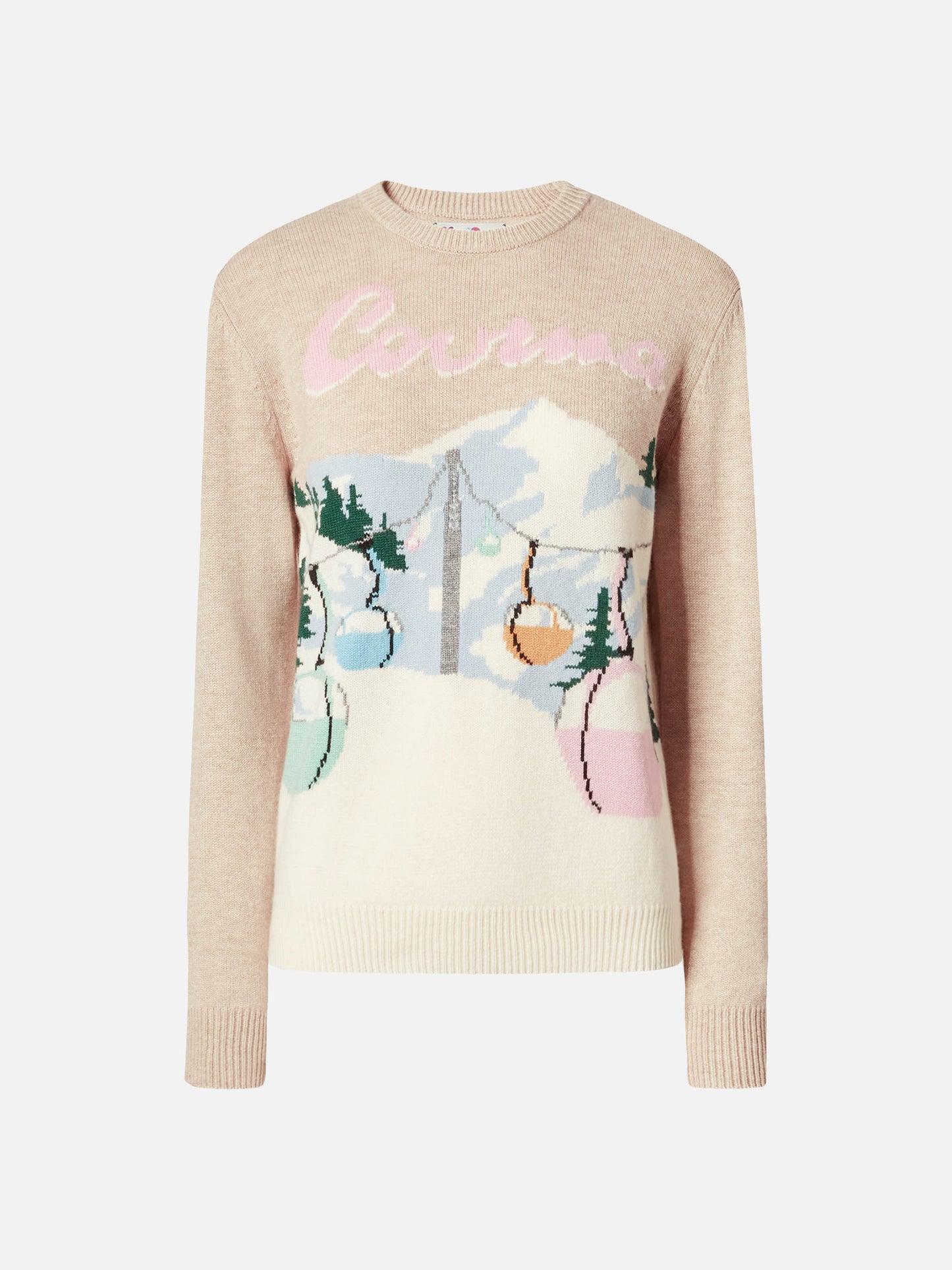 New Queen cashmere-blend sweater in beige with Courma postcard jacquard