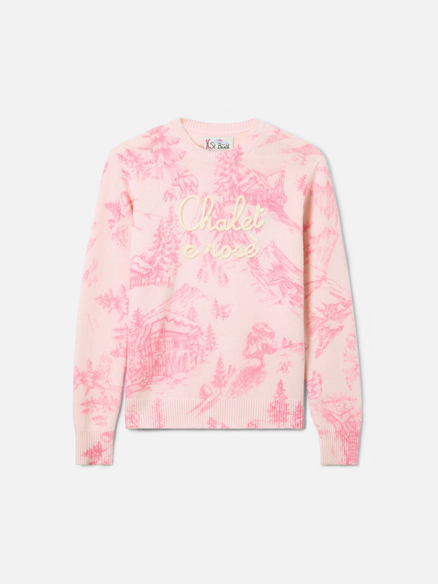 Woman pink sweater New Queen with toile de jouy print and Chalet e Rosè embroidery
