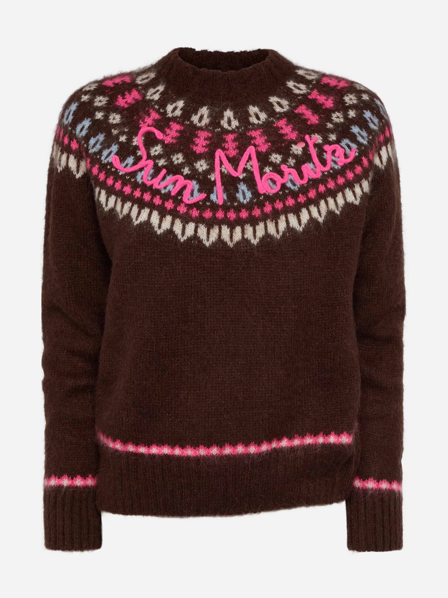 Brown sweater Queen Nordic Soft with fair isle jacquard and Sun Moritz embroidery - MC2 Saint Barth