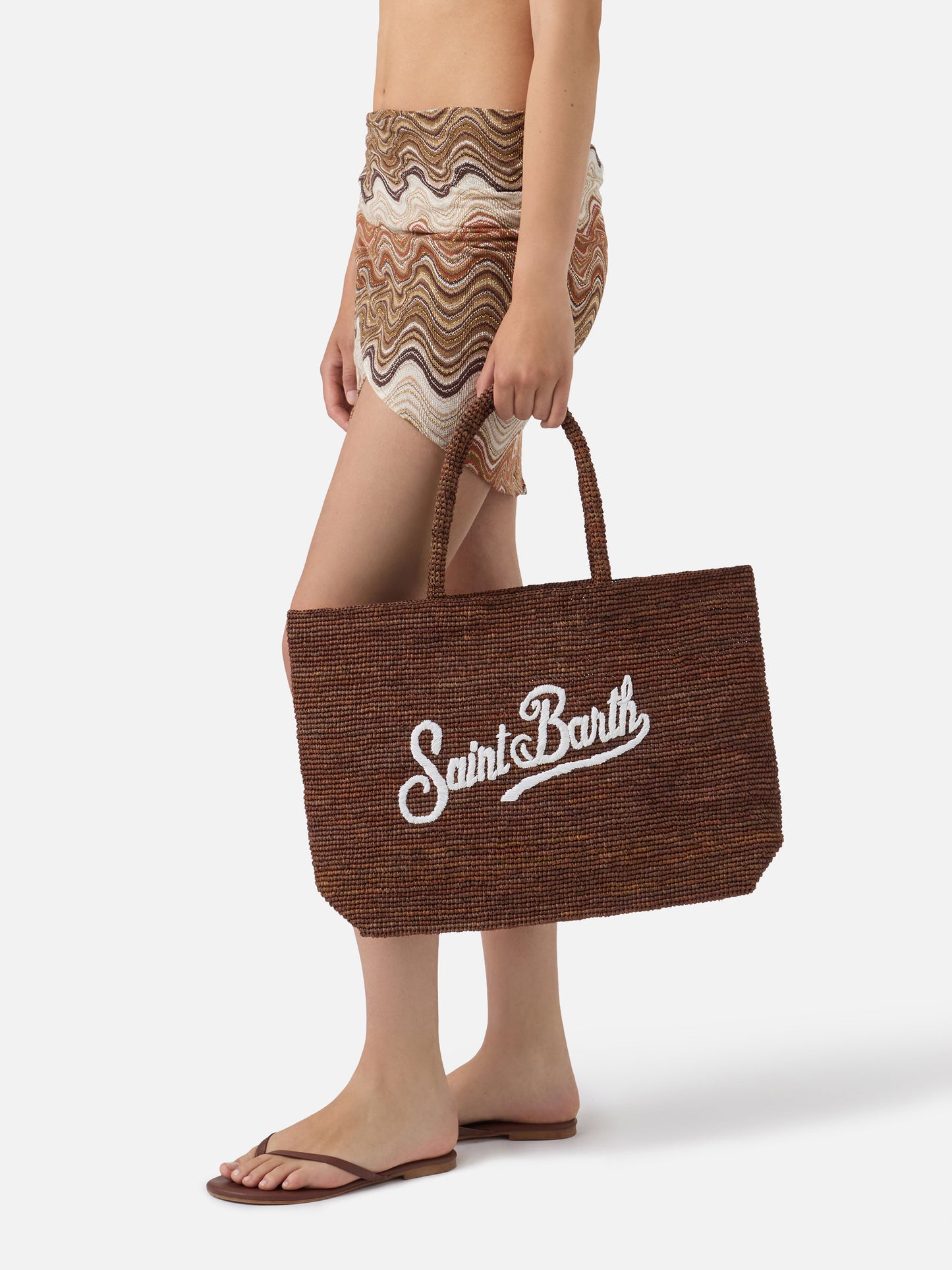 Sac de plage en raphia marron avec logo brodé contrasté