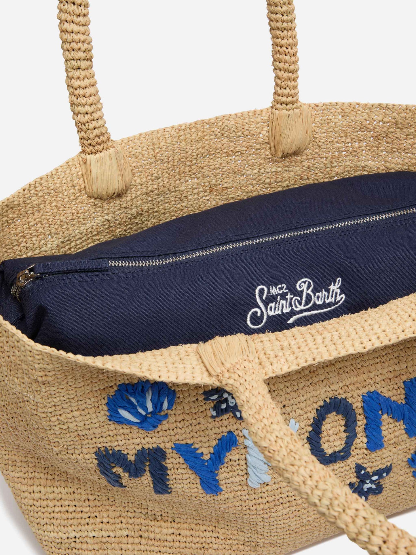 Beige Raffia Beach bag with cotton pouch and Mykonos embroidery - MC2 Saint Barth