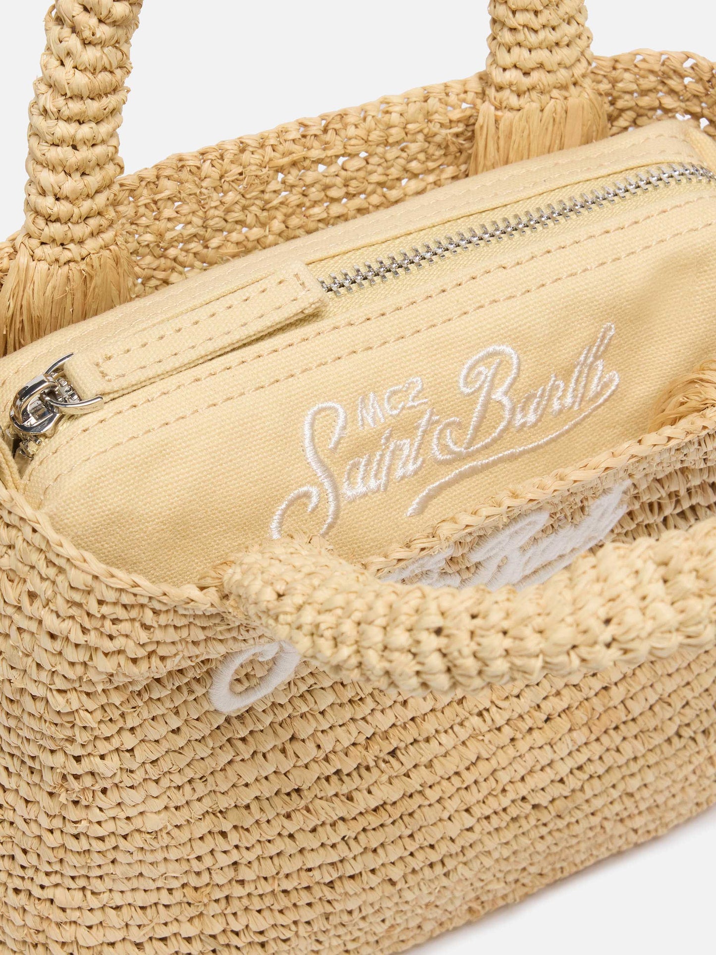 Borsa Beach mini in raffia con logo ricamato