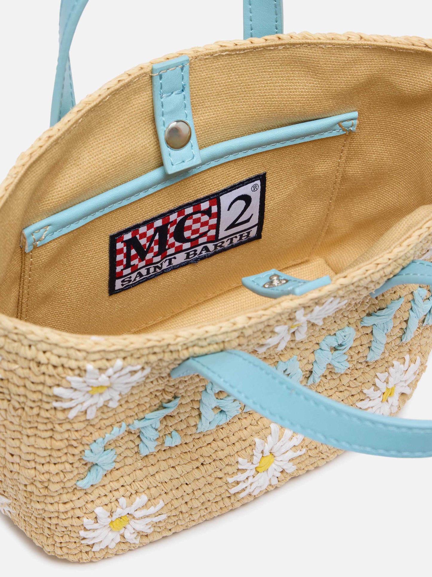 Beige Raffia City Mini bag with daisy embroidery