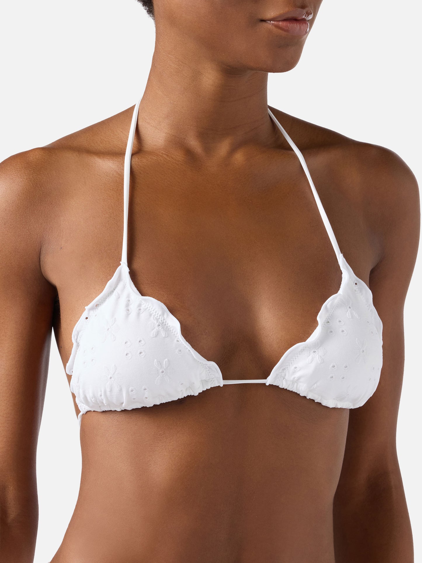 Haut de bikini triangle Sagittarius en sangallo blanc