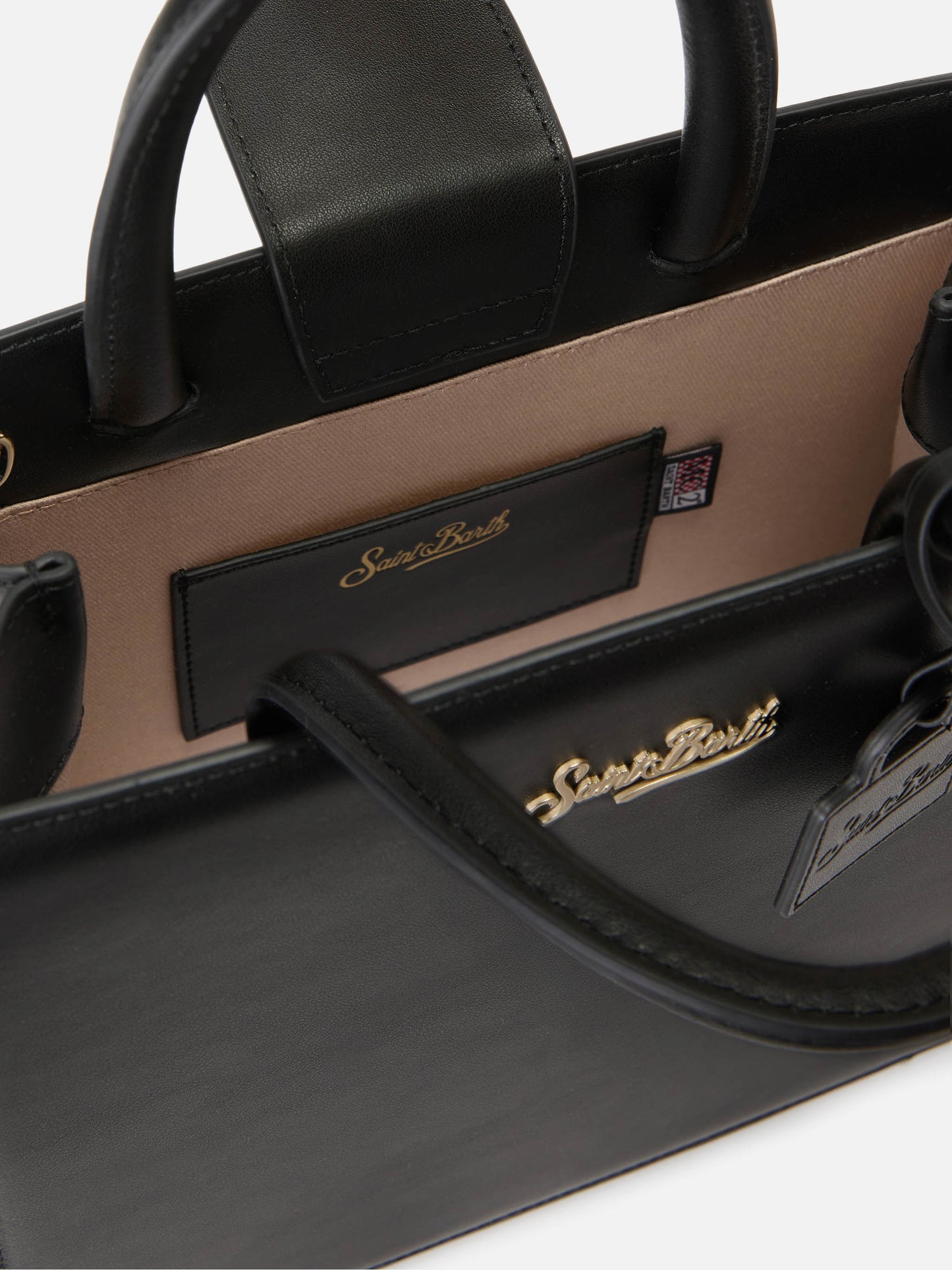 Borsa Shop Midi strutturata in pelle liscia nera con targhetta metallica