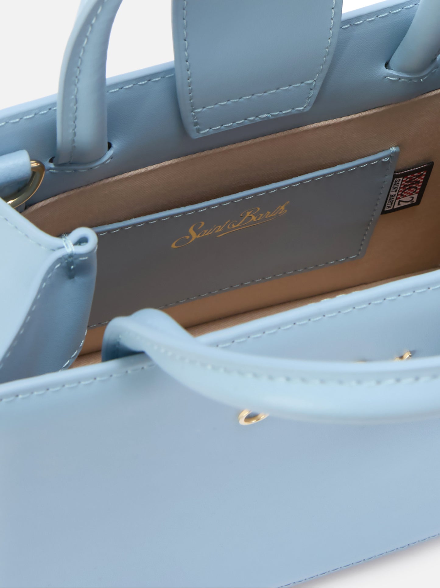 Borsa Shop mini strutturata in pelle liscia azzurra con targhetta metallica