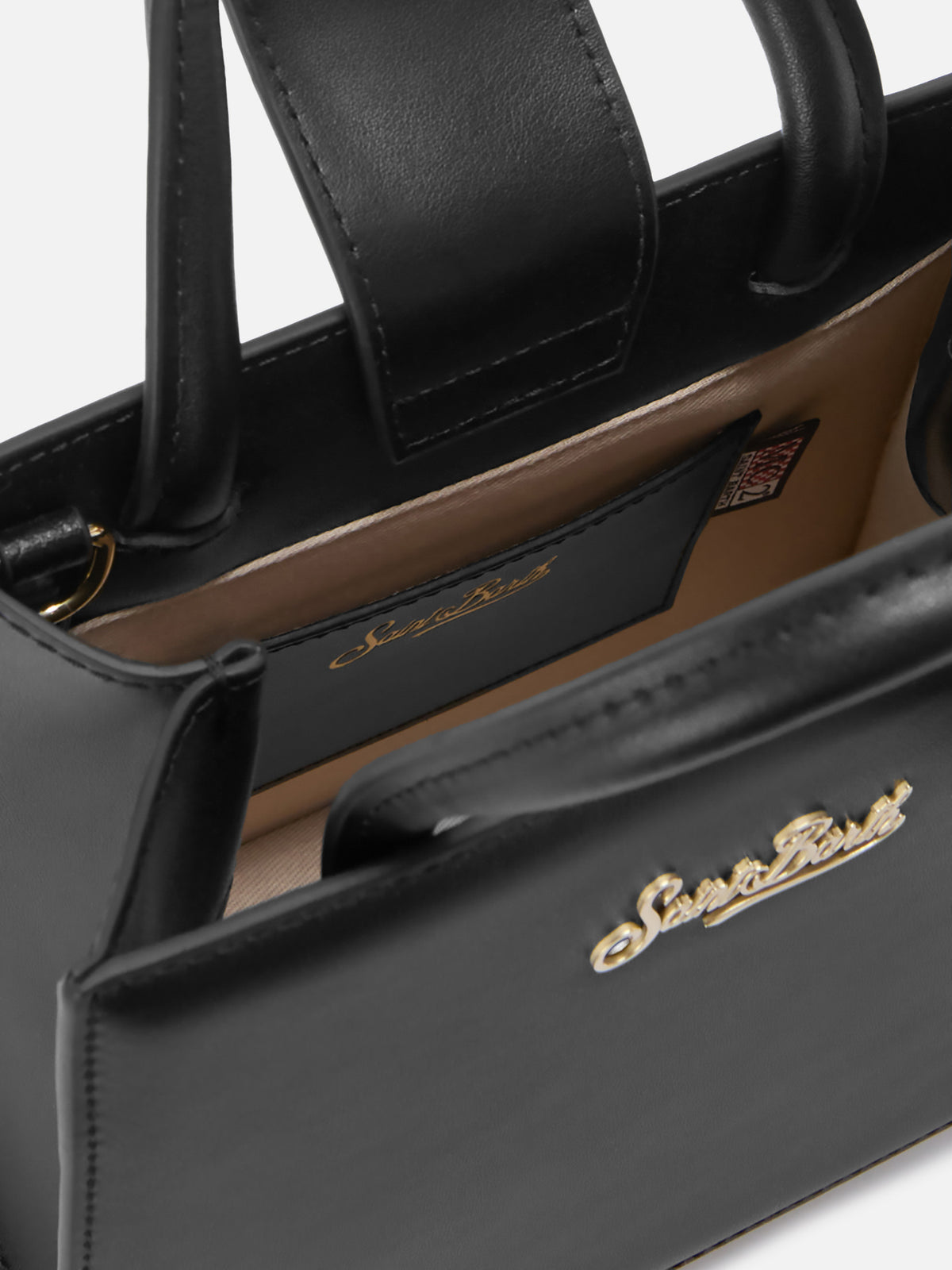 Borsa Shop mini strutturata in pelle liscia nera con targhetta metallica