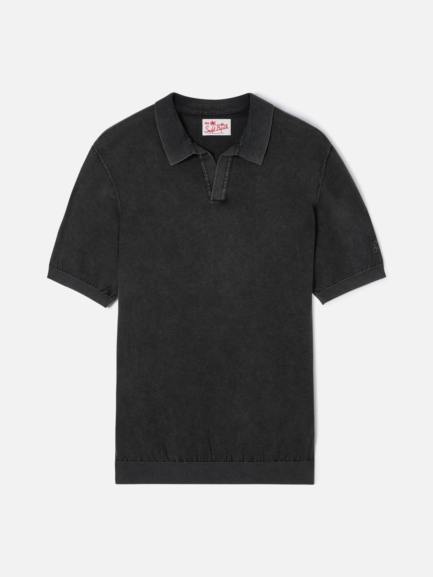 Black buttonless knitted polo shirt Sloan with vintage treatment