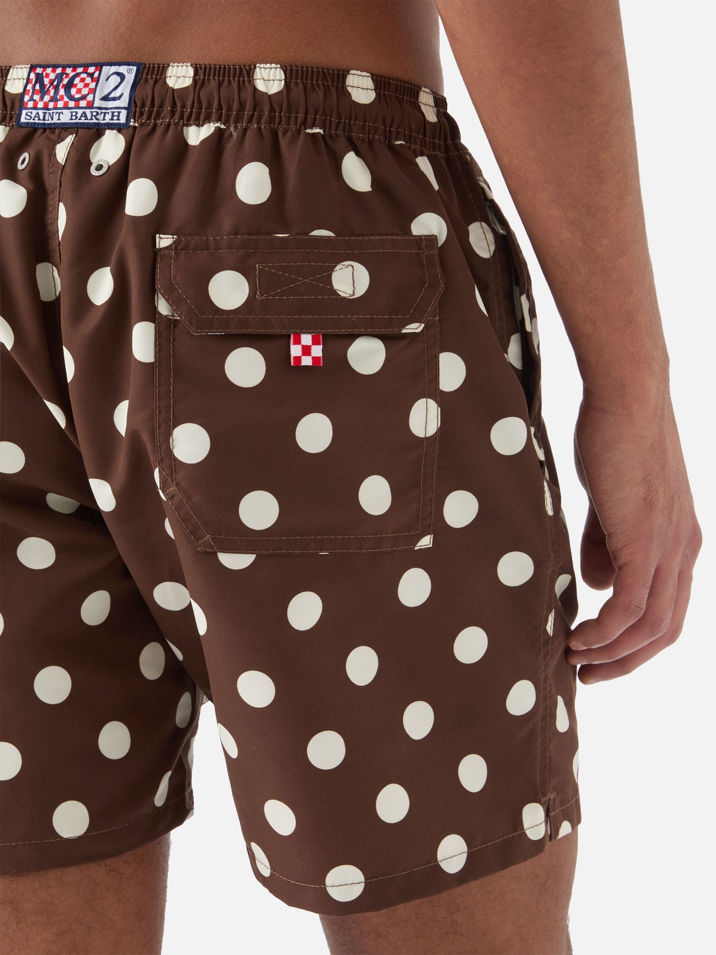 Costume mare Syros marrone con ricamo pois a contrasto