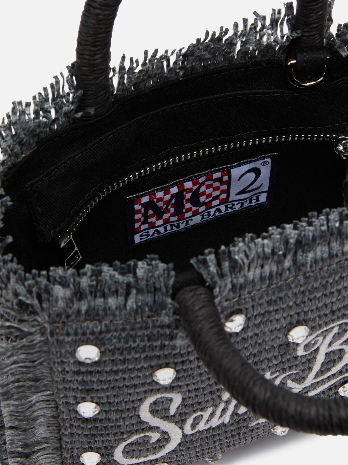 Black Mini Vanity Straw bag with rhinestone embellishment - MC2 Saint Barth