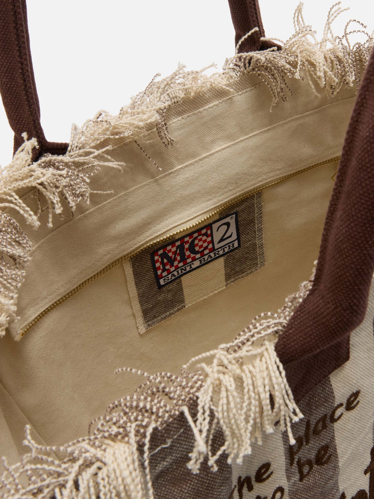 Bolso Vanity regular de lona marrón con rayas verticales