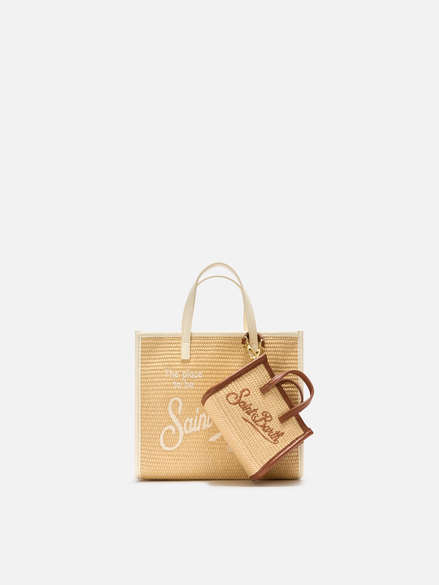 Vivian micro raffia effect bag with brown embroidered logo