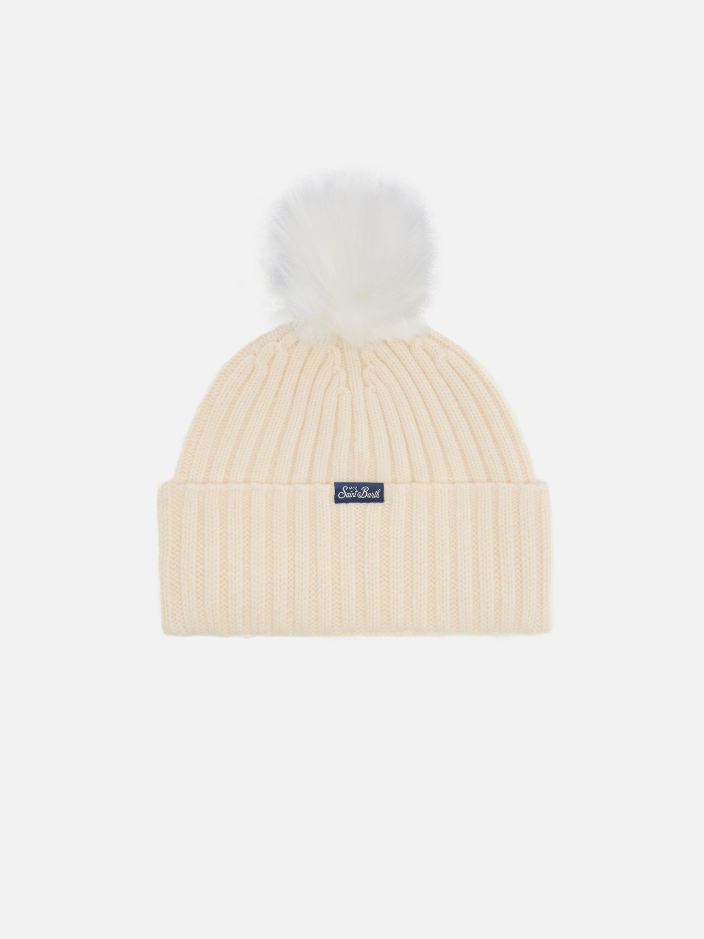 Berretto Wengen in misto cashmere bianco con ricamo lurex Cortina e pompon