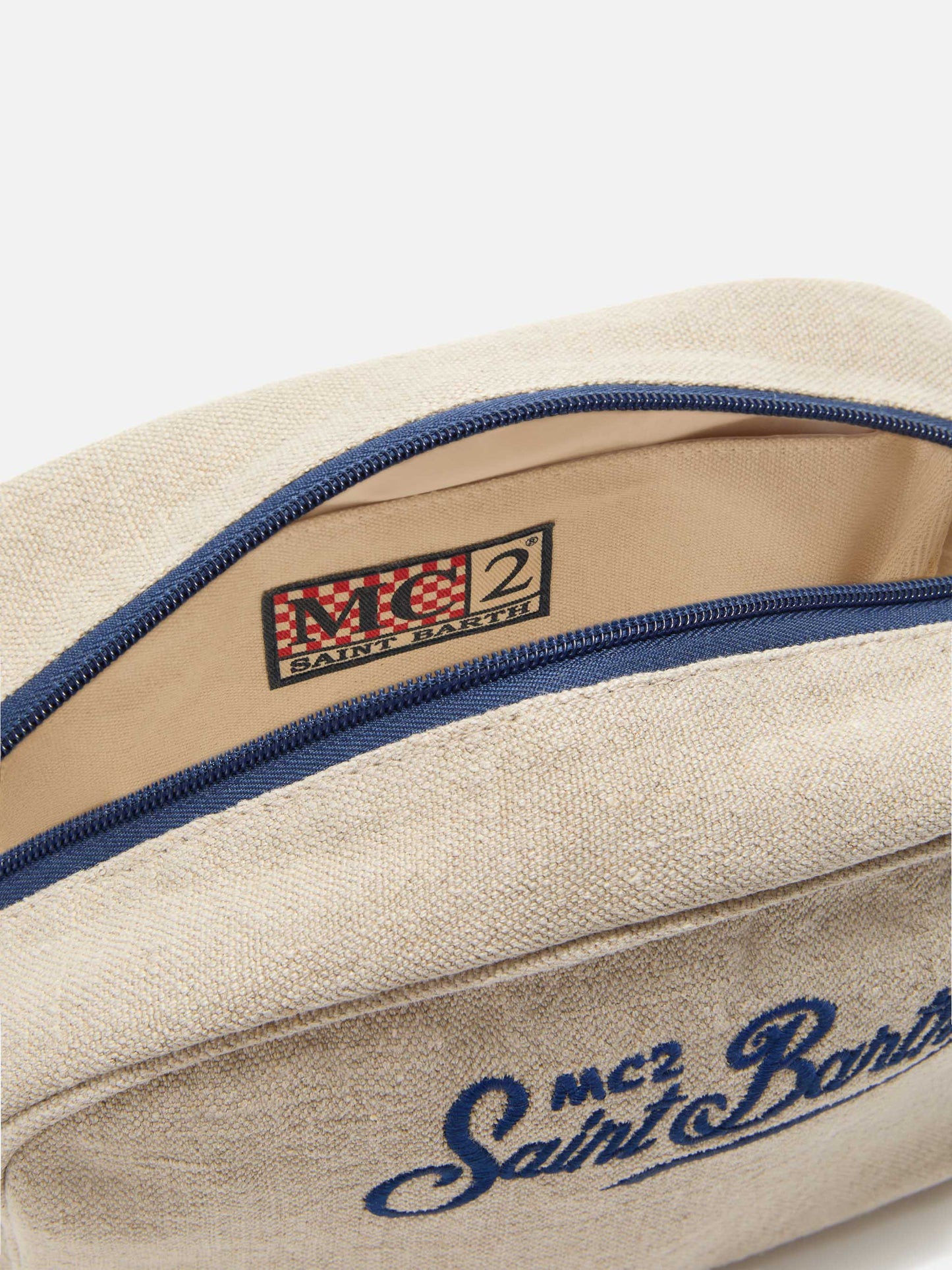 Beauty Bag Westwood in lino biege con logo ricamato