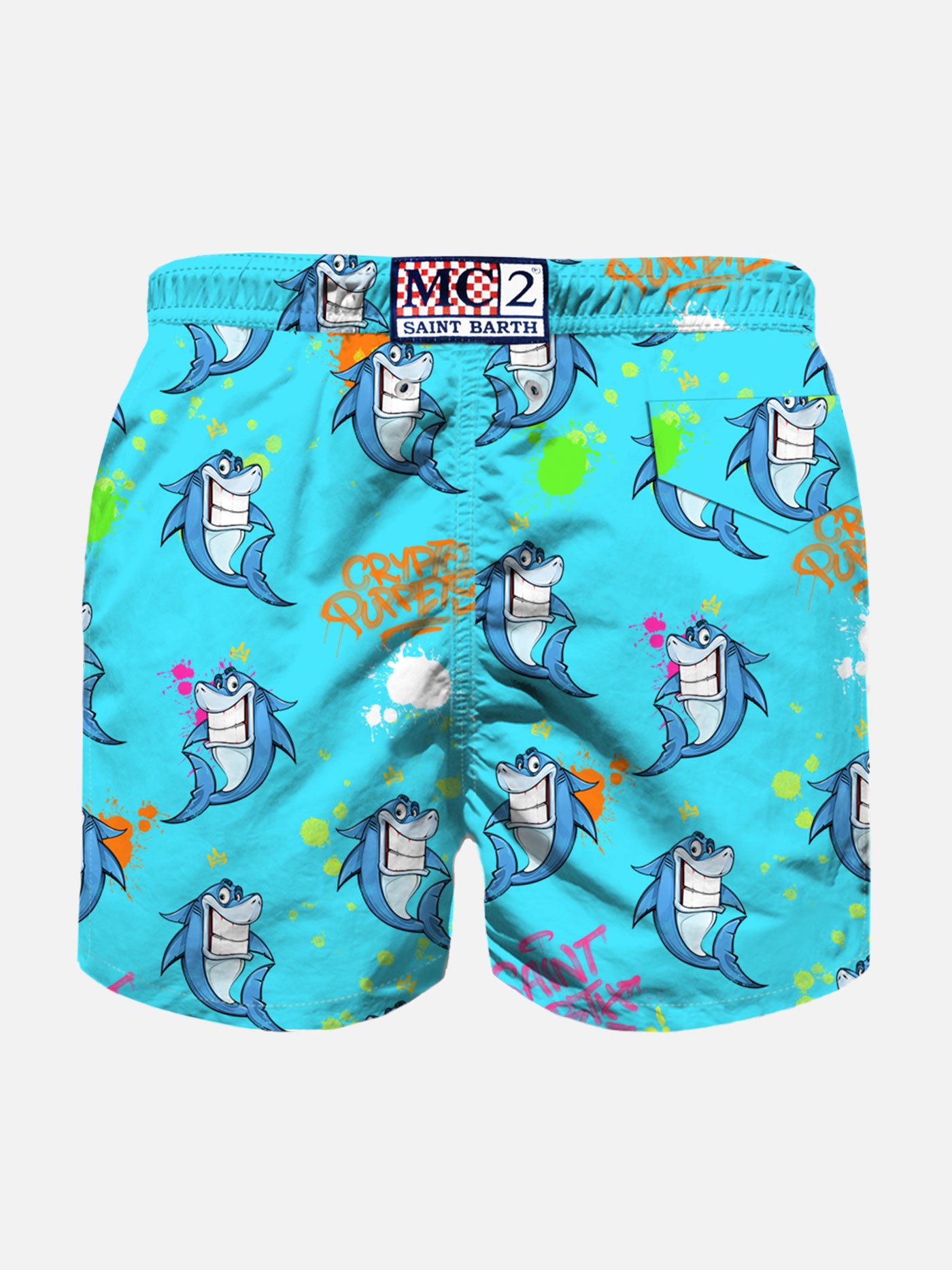 Boy light fabric swim shorts with Crypto shark print | CRYPTO PUPPETS SPECIAL EDITION - MC2 Saint Barth