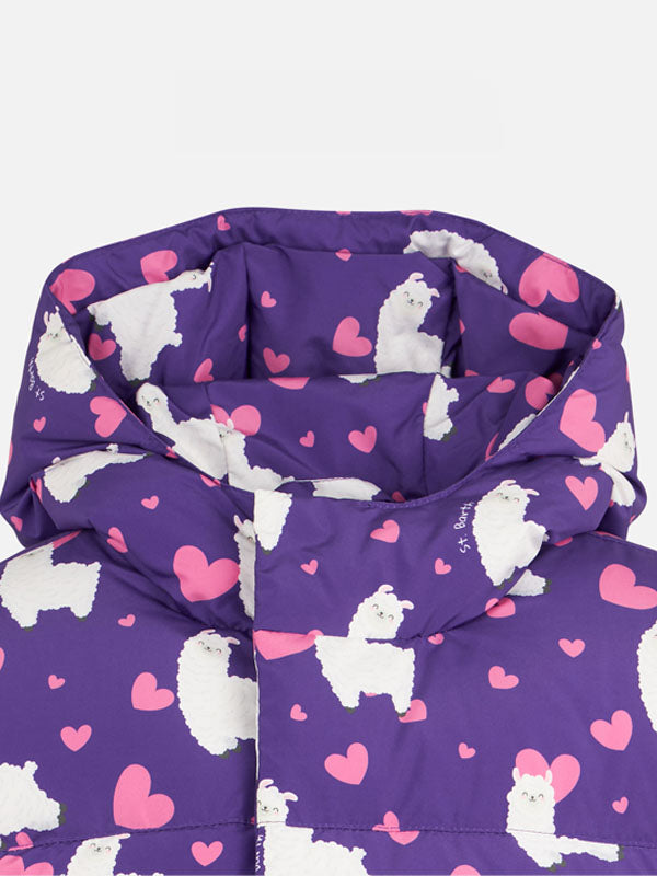 Girl hooded down padded jacket with alpaca and hearts print - MC2 Saint Barth