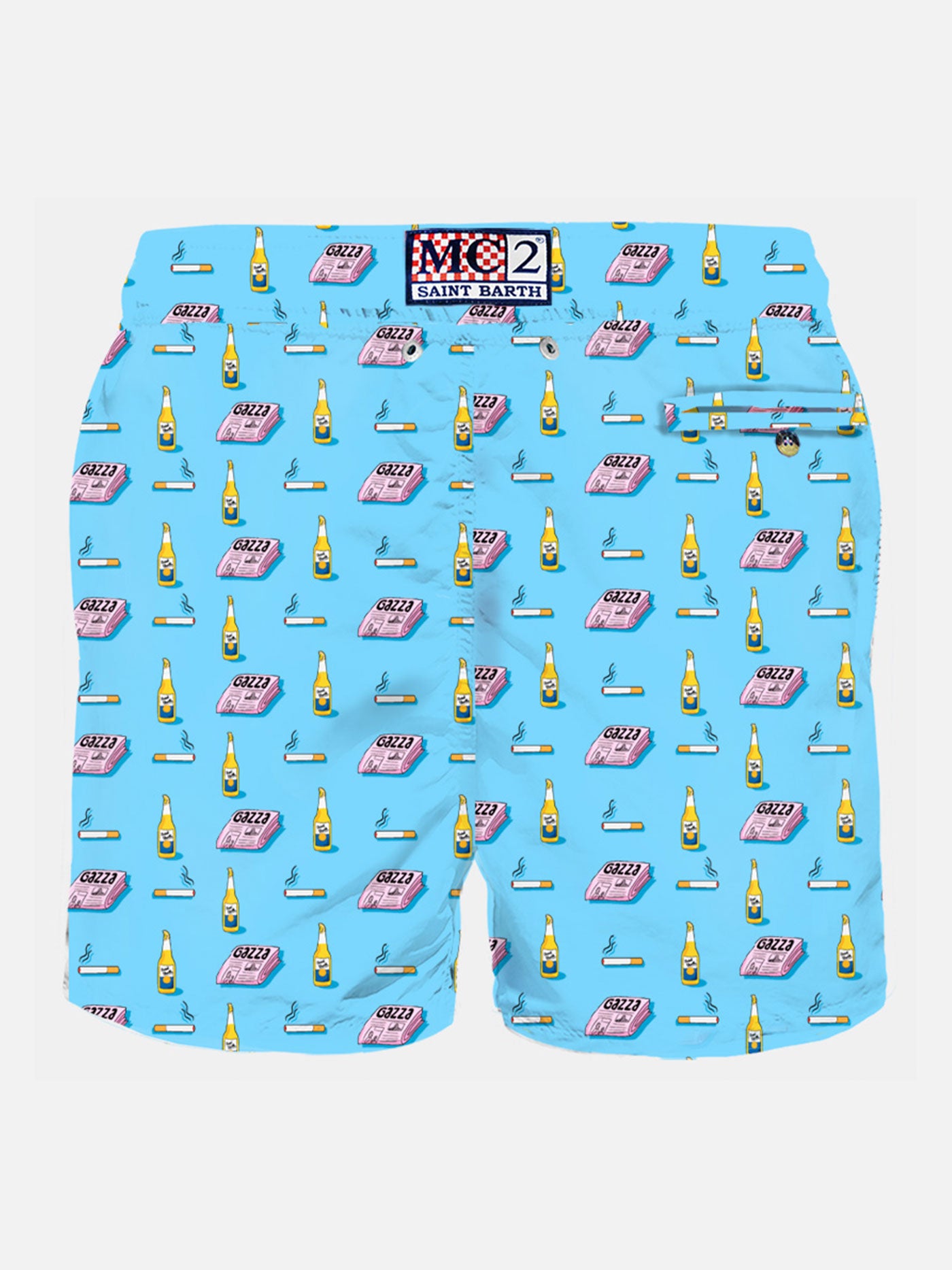 Man light fabric swim shorts with newspaper, beer and cigarette print - MC2 Saint Barth