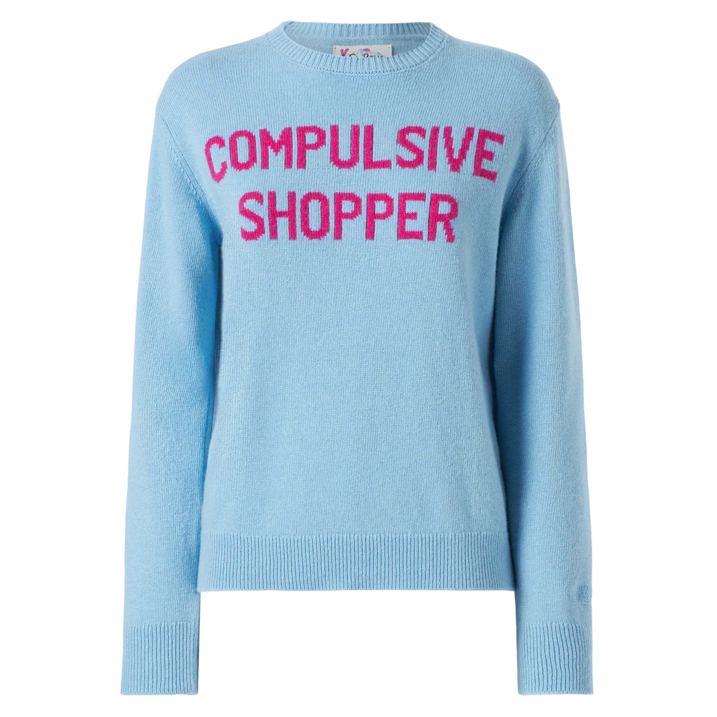 Woman crewneck light blue sweater with Compulsive Shopper jacquard - MC2 Saint Barth