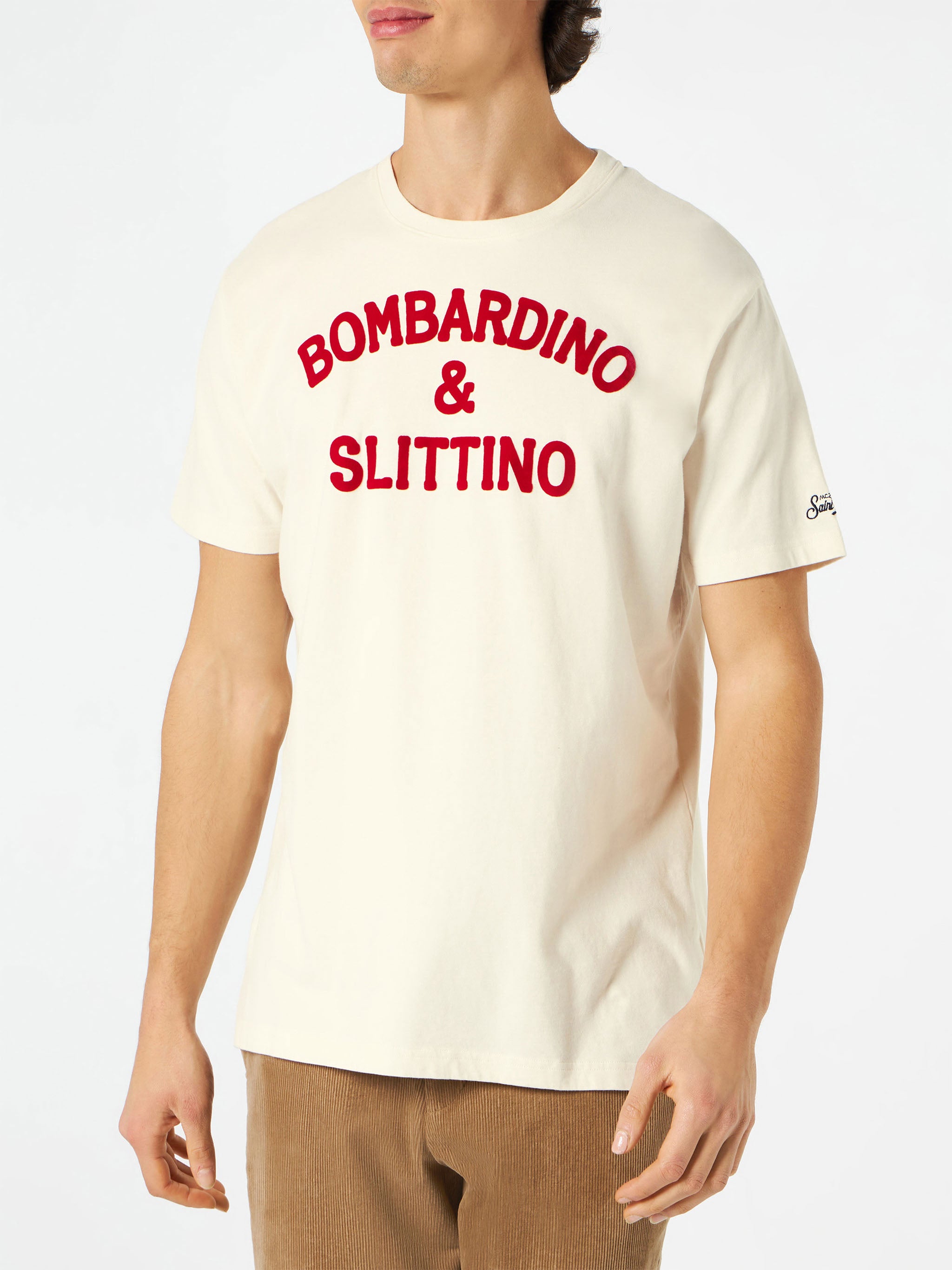 White t-shirt Man red Bombardino slittino print