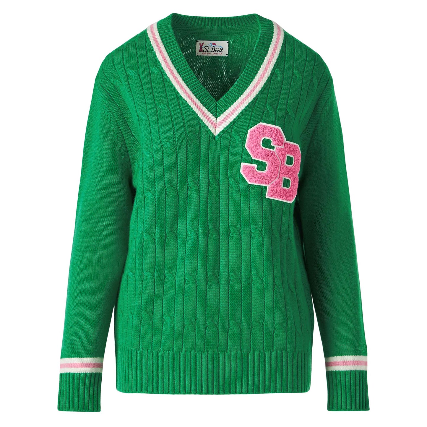 Woman v-neck braided sweater with patch - MC2 Saint Barth