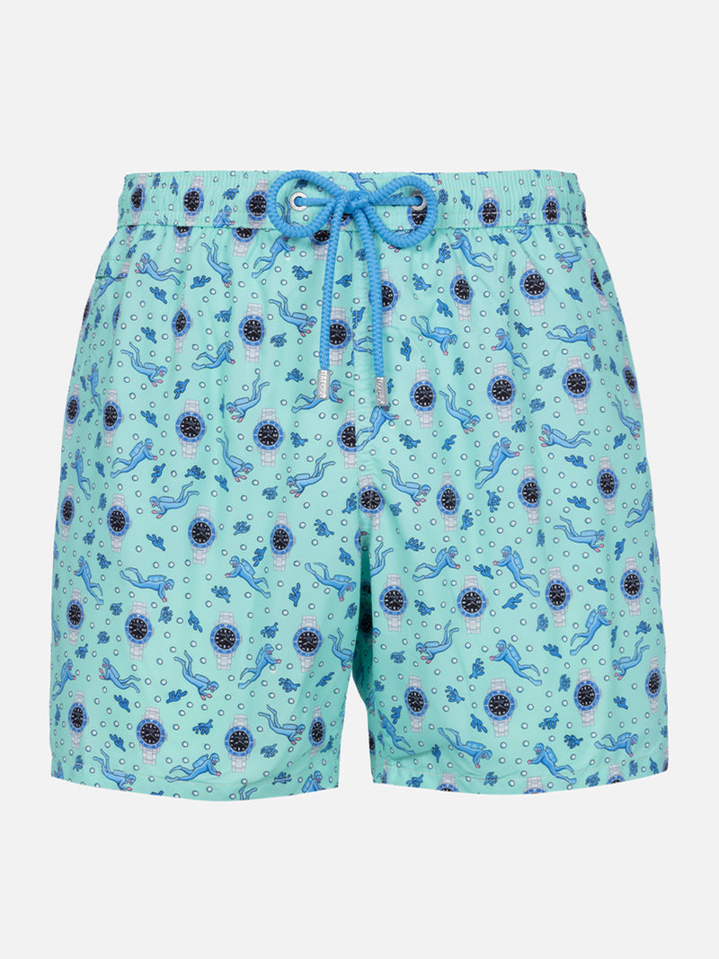 Man lightweight fabric swim-shorts Lighting Micro Fantasy with watches print