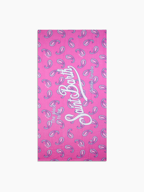 Soft terry beach towel with pink paisley print