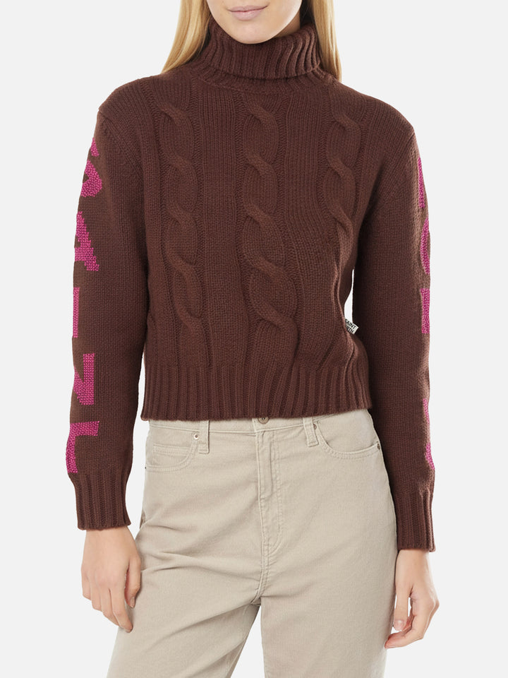 Rollkragenpullover für Damen mit Zopfmuster und Saint Moritz-Jacquard