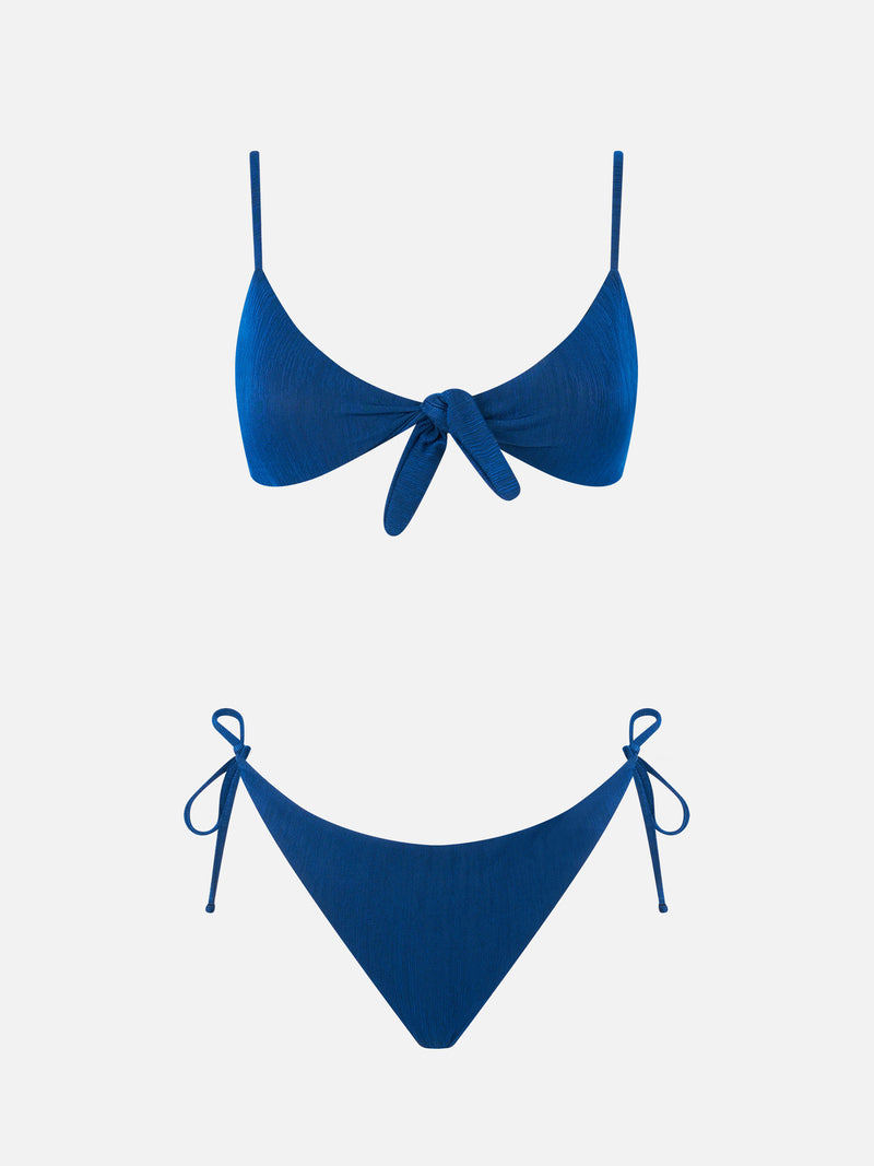 Bikini da donna a bralette plissettato blu