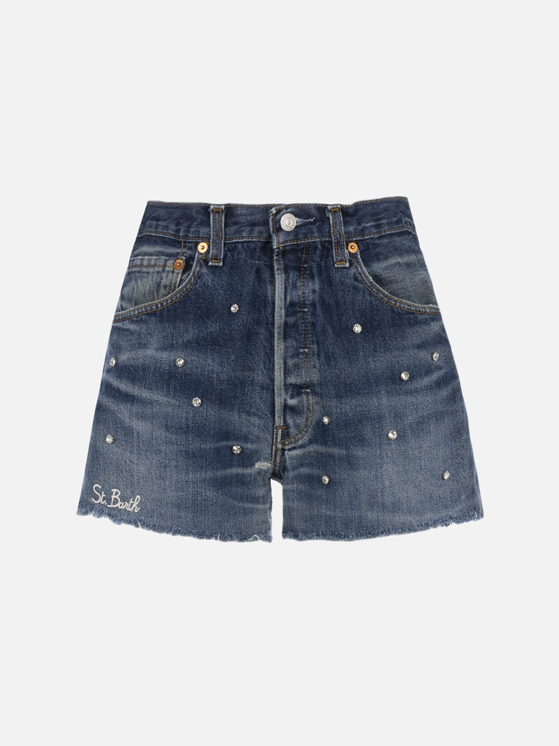 Woman upcycled denim shorts with rhinestones