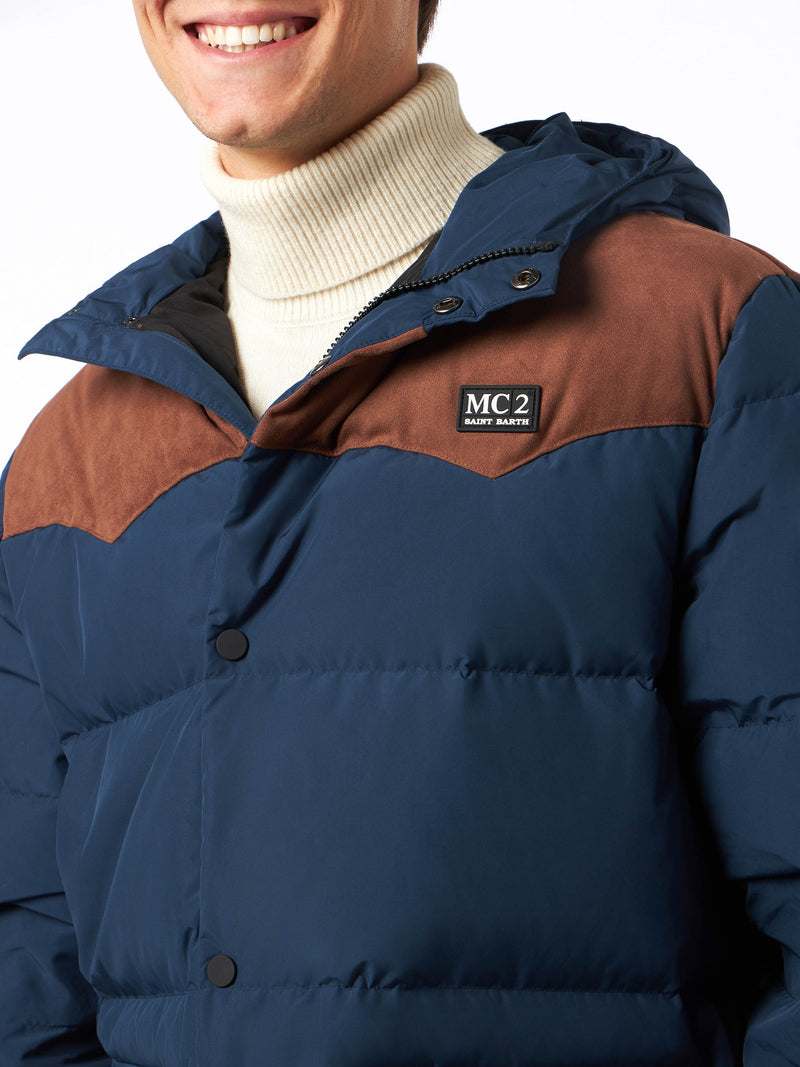 Man hooded down blue jacket