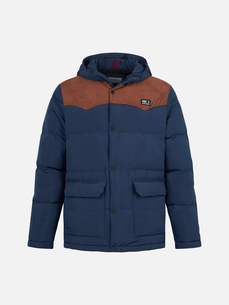 Man hooded down blue jacket