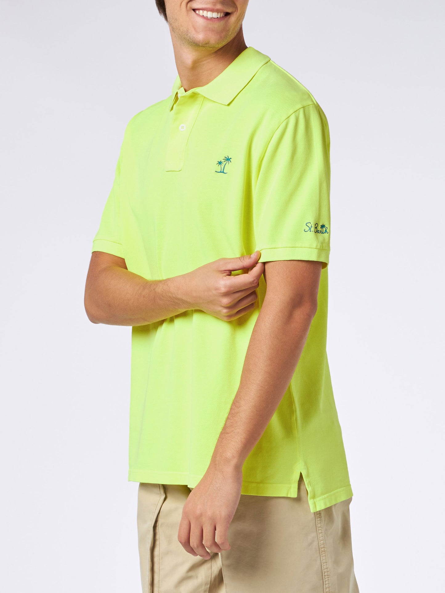 Man fluo yellow piquet polo with St. Barth logo and vintage effect - MC2 Saint Barth