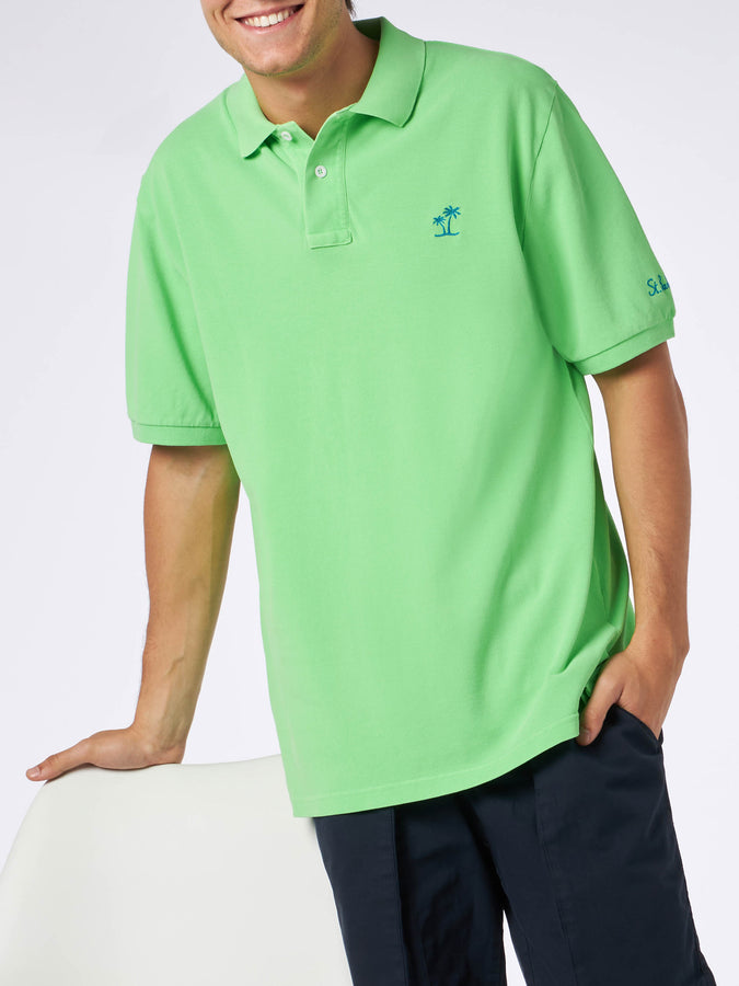 Mc2 Saint Barth Polo da uomo in piquet verde fluo con logo St. Barth ed effetto vintage