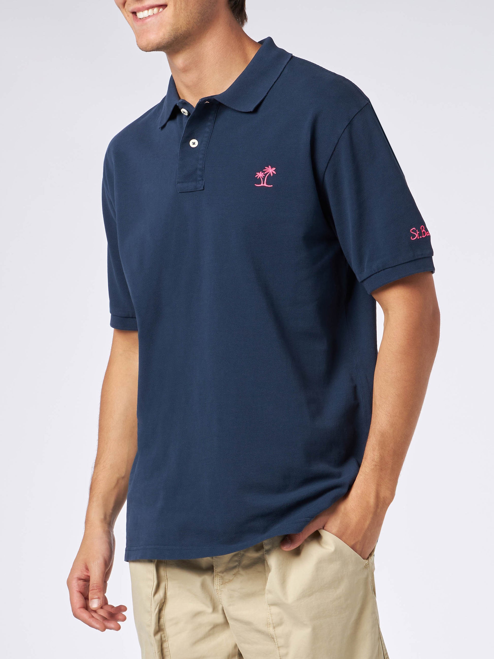 Man blue piquet polo with St. Barth logo and vintage effect - MC2 Saint Barth