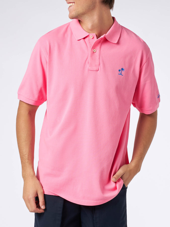 Mc2 Saint Barth Polo da uomo in piquet rosa con logo St. Barth ed effetto vintage