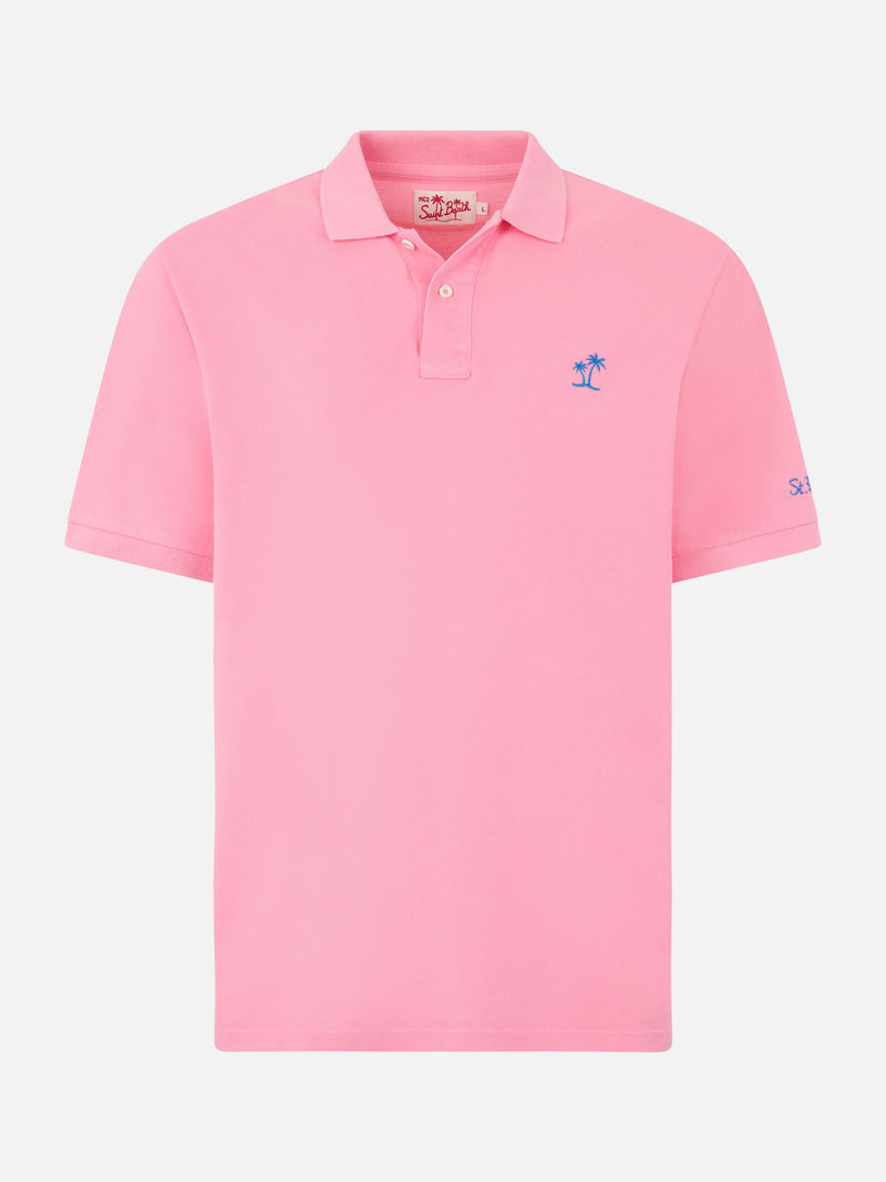 Polo da uomo in piquet rosa con logo St. Barth ed effetto vintage