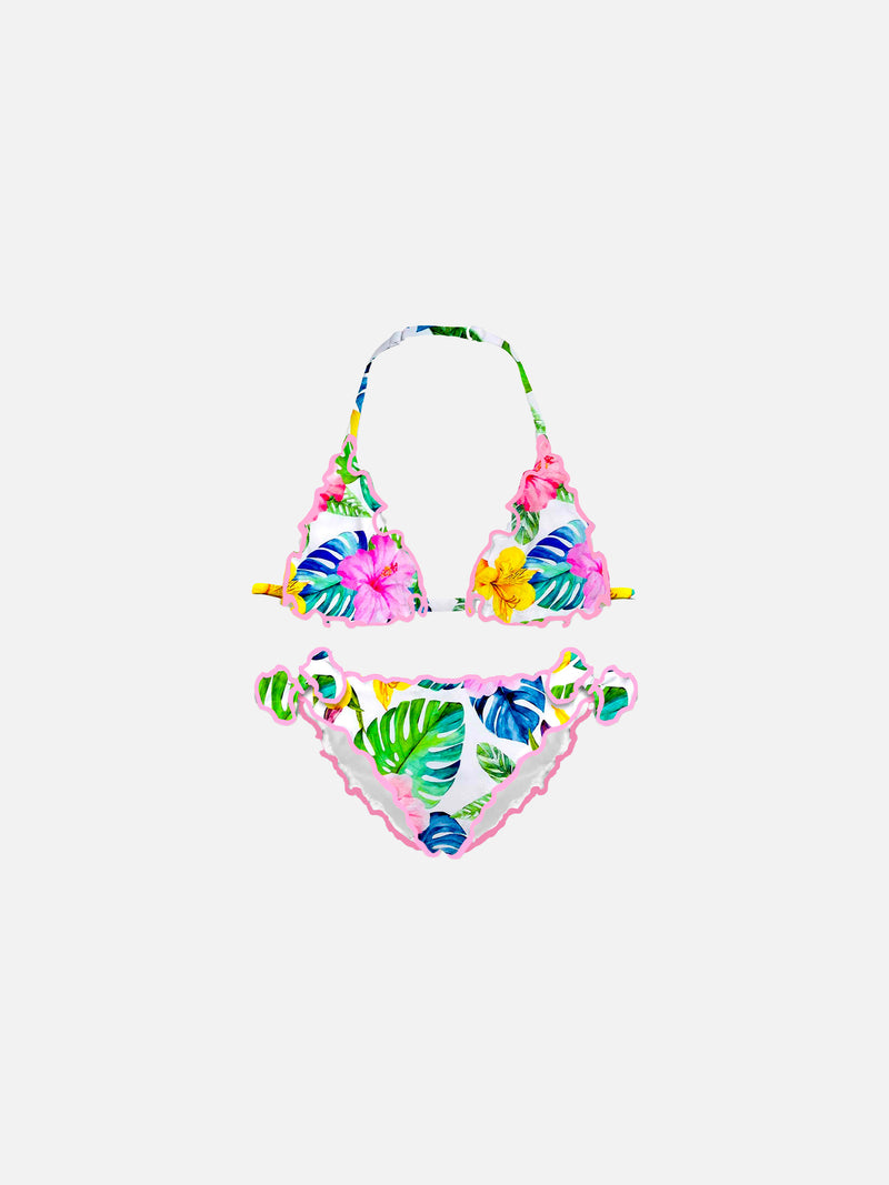 Girl triangle bikini with tropical print