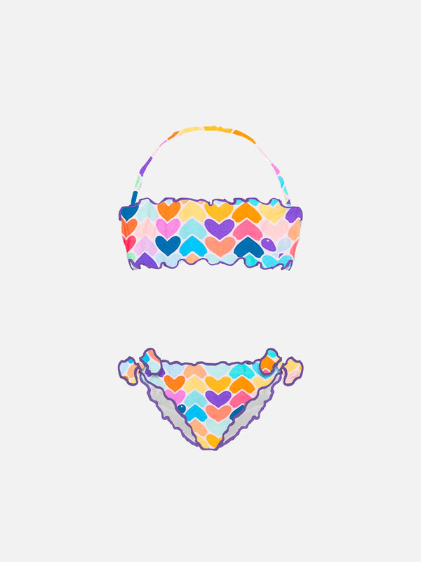 Bikini a fascia per bambina con stampa cuori multicolor