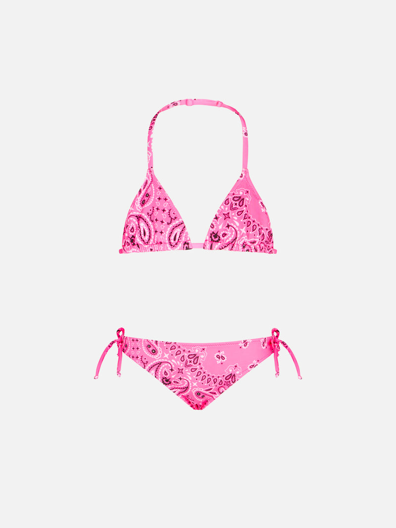 Triangel-Bikini für Mädchen mit Bandana-Print in Neonrosa