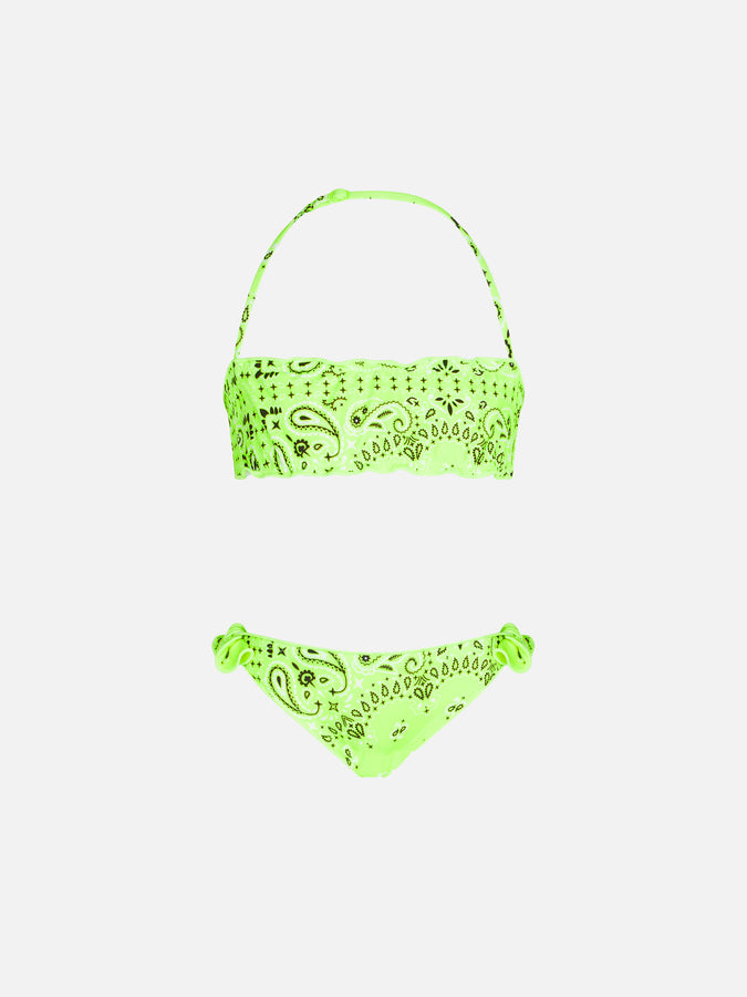 Mc2 Saint Barth Bikini da bambina a fascia con stampa bandana giallo fluo