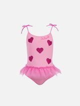 Girl one piece swimsuit with tulle ruffle and glittered hearts