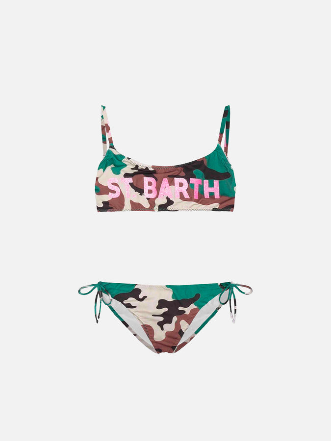 Mc2 Saint Barth Bikini da bambina a bralette mimetico con grafica frontale glitterata St. Barth