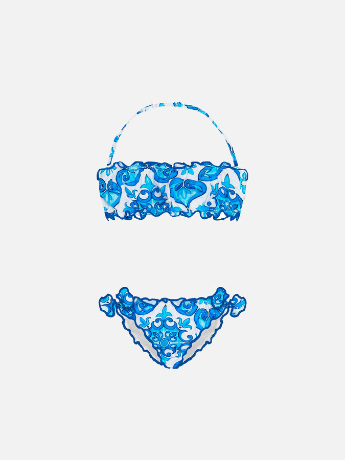 Mc2 Saint Barth Bikini da bambina a fascia con stampa maiolica