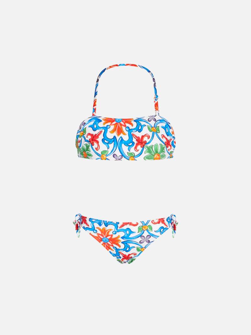 Mädchen-Bandeau-Bikini mit Maiolika-Print