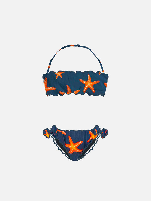 Bikini da bambina a fascia con stampa stelle marine