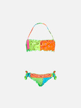 Mädchen-Bandeau-Bikini mit Bandanna-Fluo-Print